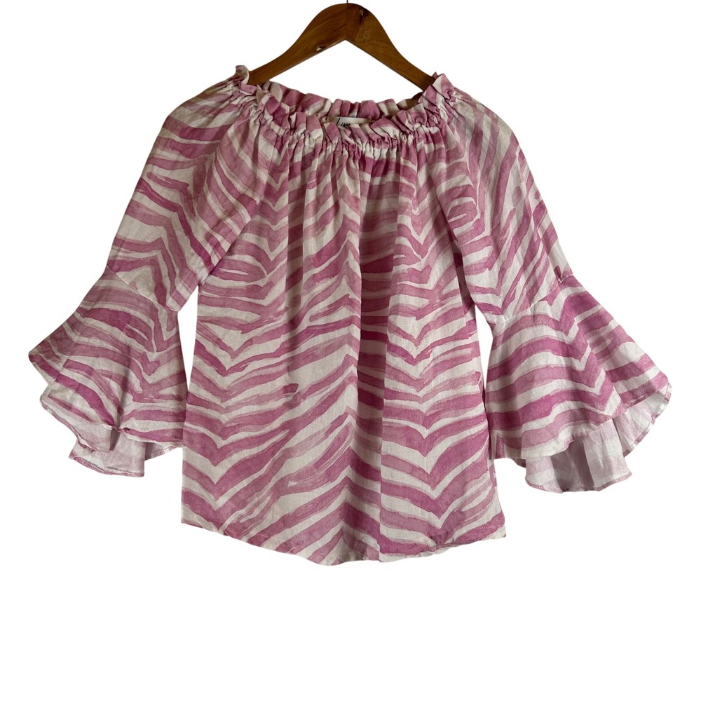 iLinen Pink Zebra Print 100% Linen Ruffle Neck Tiered Bell Sleeve Blouse XS